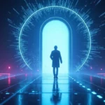 A futuristic doorway glowing with neon blue and purple lights, surrounded by digital motifs. A shadowy figure steps through, with pixelated patterns swirling in the air, evoking a cyberpunk aesthetic.