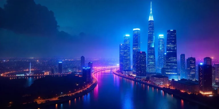 A futuristic cityscape with neon-lit skyscrapers representing Web3, contrasted by a shadowy, fragmented Internet landscape. Dynamic colors of blue and violet, infused with digital elements, showcasing hope and innovation. Cyberpunk style.