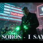 "A cyberpunk-style illustration of a chaotic election night. A shadowy figure with glowing stacks of cash stands in front of a cracked American flag on a glitchy digital billboard displaying red X posts like ‘Soros rigged it!’ and ‘Trust’s dead!’ To the right, a futuristic blockchain interface with Hedera Hashgraph’s logo pulses, unleashing streams of cryptographic DIDs that shatter the cash piles. Voters in tattered coats clutch ballots in a stormy haze, illuminated by the clash of money and tech in a dark, rebellious scene