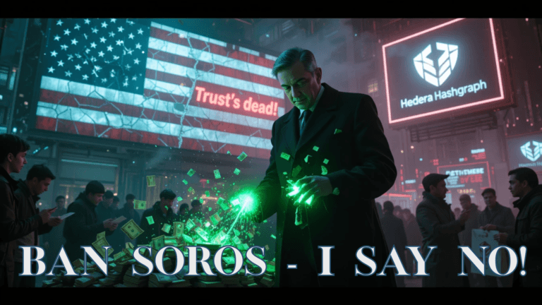 "A cyberpunk-style illustration of a chaotic election night. A shadowy figure with glowing stacks of cash stands in front of a cracked American flag on a glitchy digital billboard displaying red X posts like ‘Soros rigged it!’ and ‘Trust’s dead!’ To the right, a futuristic blockchain interface with Hedera Hashgraph’s logo pulses, unleashing streams of cryptographic DIDs that shatter the cash piles. Voters in tattered coats clutch ballots in a stormy haze, illuminated by the clash of money and tech in a dark, rebellious scene