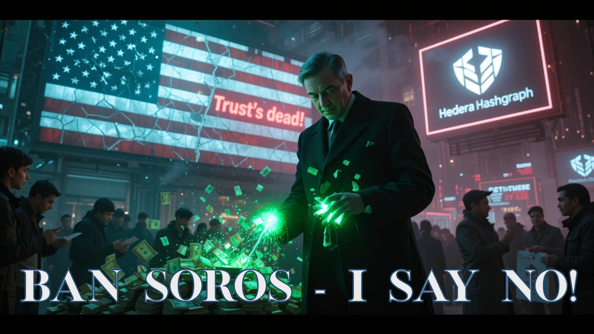 "A cyberpunk-style illustration of a chaotic election night. A shadowy figure with glowing stacks of cash stands in front of a cracked American flag on a glitchy digital billboard displaying red X posts like ‘Soros rigged it!’ and ‘Trust’s dead!’ To the right, a futuristic blockchain interface with Hedera Hashgraph’s logo pulses, unleashing streams of cryptographic DIDs that shatter the cash piles. Voters in tattered coats clutch ballots in a stormy haze, illuminated by the clash of money and tech in a dark, rebellious scene