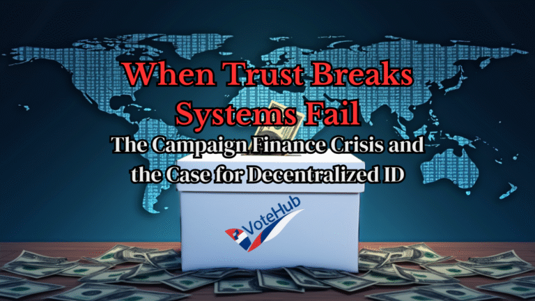 An abstract ballot box surrounded by digital data and currency symbols, symbolizing financial fraud in elections and the need for secure digital ID.